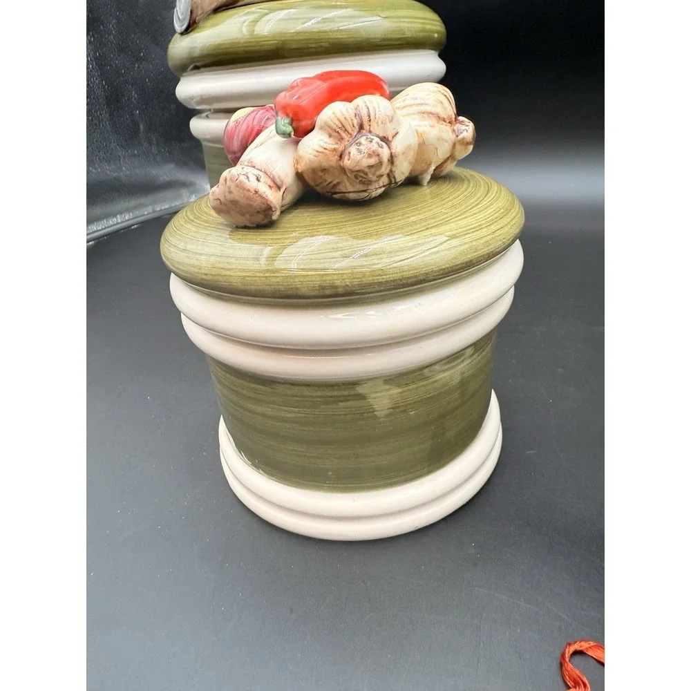 Vintage Set Of 4 Garden Harvest‎ Green Hand Painted Canister with Vegetables